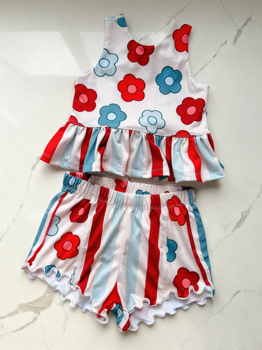 ( Moq 5 ) Preorder Baby Girls Sleeveless Flower Tops Stripes Shorts 4th of July Clothes Set