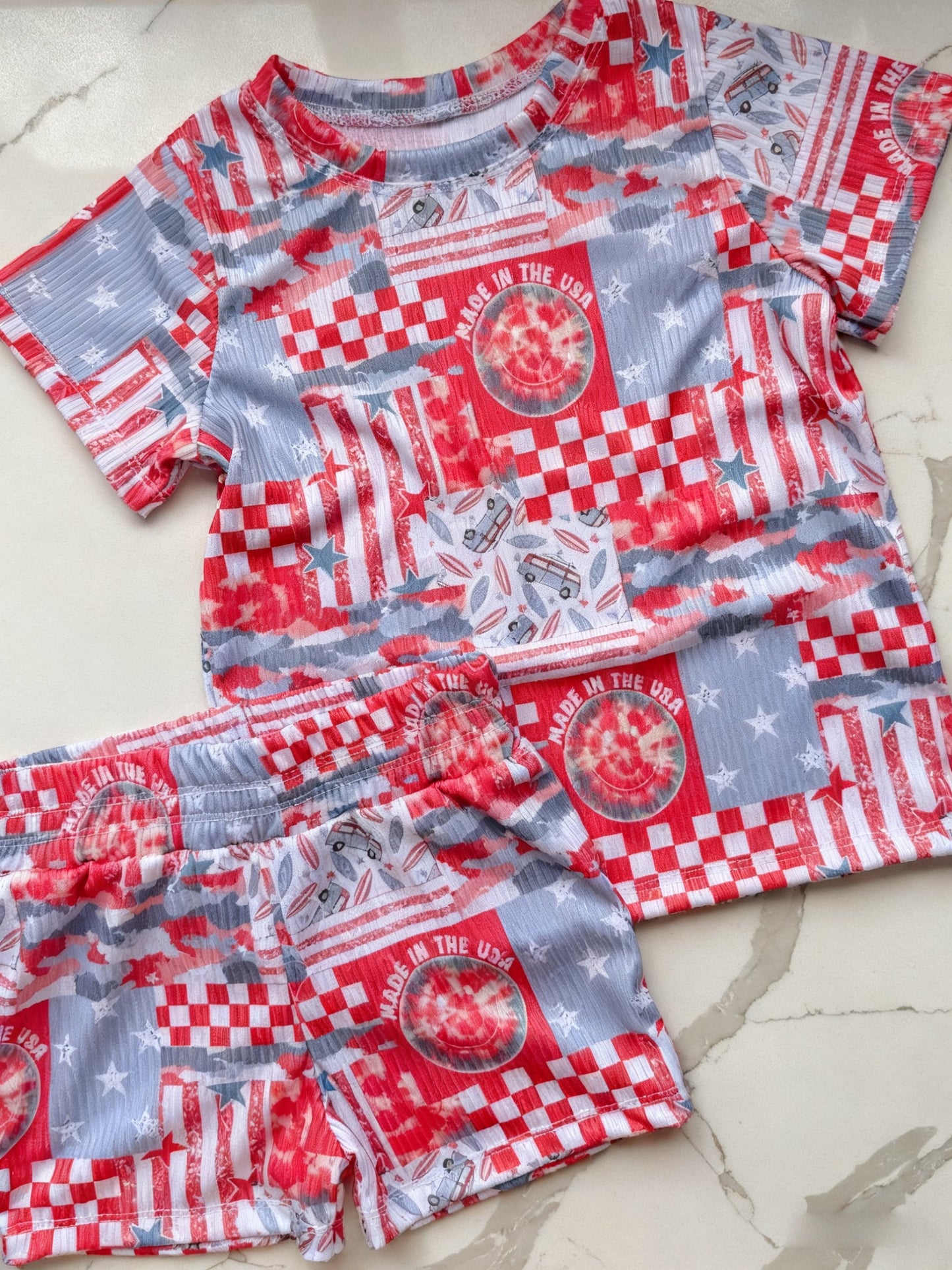 ( Moq 5 ) Preorder Baby Girls Short Sleeves Camo Stars Stripes Shirt Shorts 4th of July Clothes Set