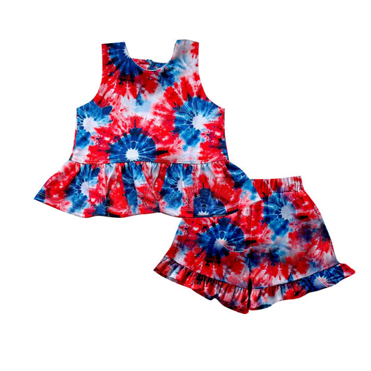 ( Moq 5 ) Preorder Baby Girls Sleeveless Tie Dye Tops Ruffle Shorts 4th of July Clothes Set
