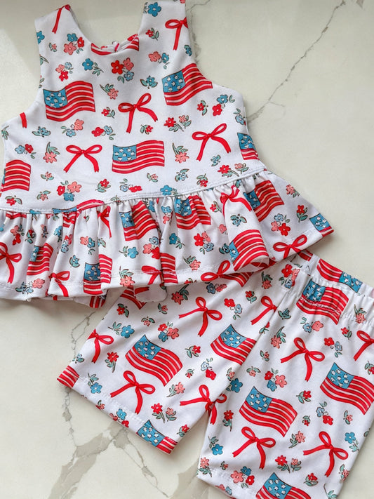 ( Moq 5 ) Preorder Baby Girls Straps Flags Bows Flower Tops Shorts 4th of July Clothes Set