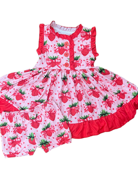( Moq 5 ) Preorder Baby Girls Toddler Strawberry Bows Hearts Tunic Shorts Clothes Set