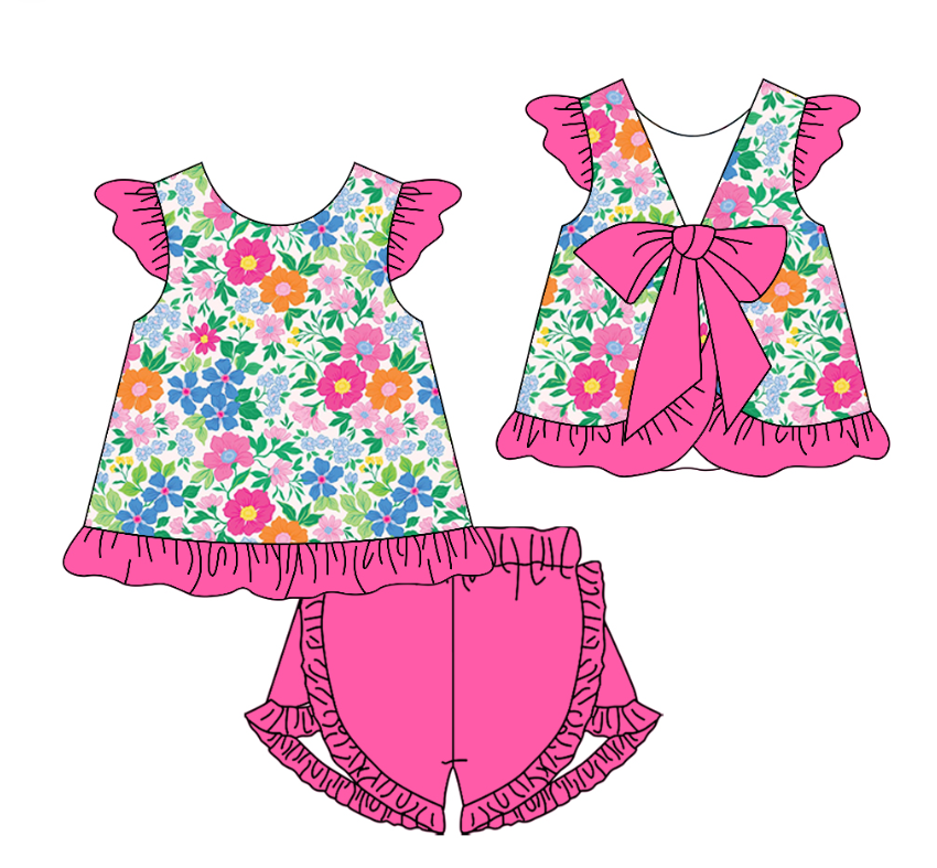 ( Moq 5 ) Preorder Baby Girls Short Sleeves Flowers Tops Pink Ruffle Shorts Summer Clothes Set