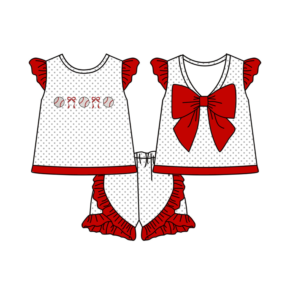 ( Moq 5 ) Preorder Baby Girls Short Sleeves Baseball Red Bows Tops Ruffle Shorts Clothes Set
