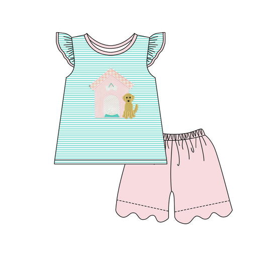 ( Moq 5 ) Preorder Baby Girls Short Sleeves Dog Stripes Tops Pink Shorts Clothes Set