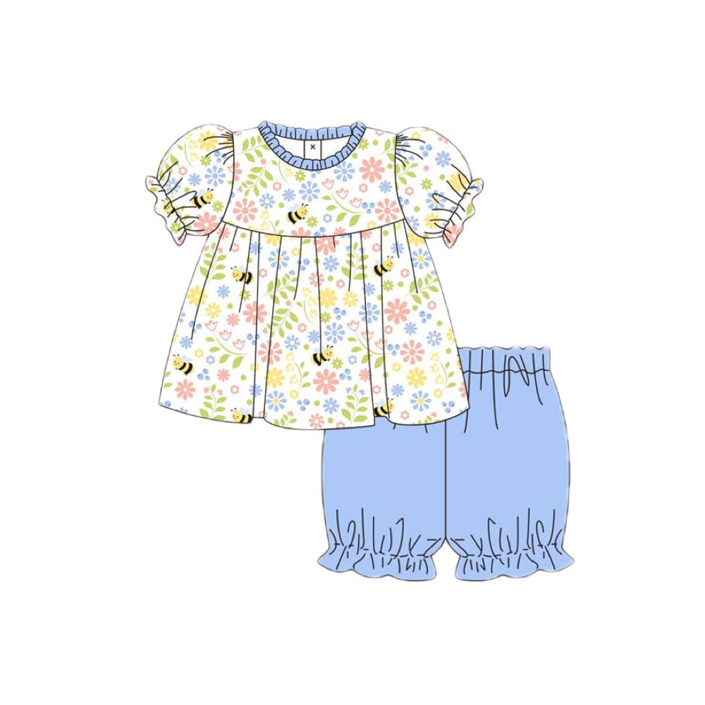 ( Moq 5 ) Preorder Baby Girls Short Sleeves Floral Bee Tunic Blue Shorts Clothes Set