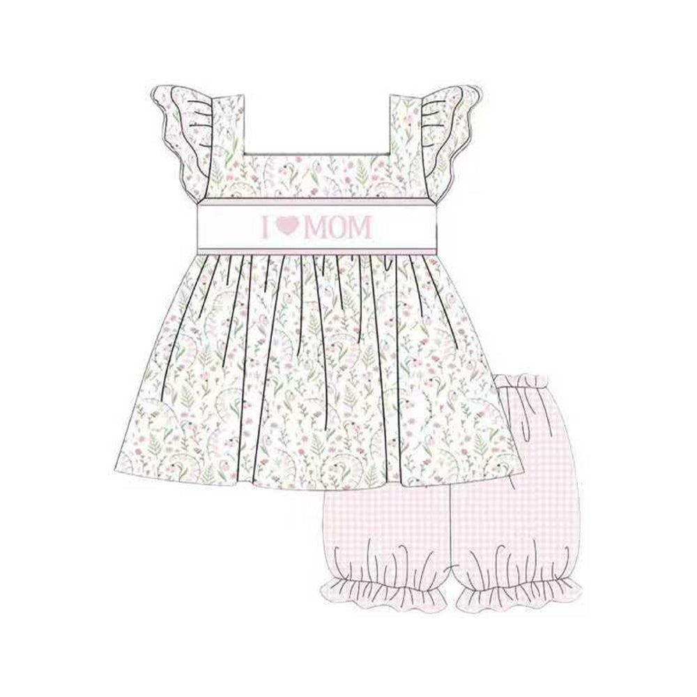 ( Moq 5 ) Preorder Baby Girls Short Sleeves I Love Mom Floral Tunic Plaid Shorts Clothes Set