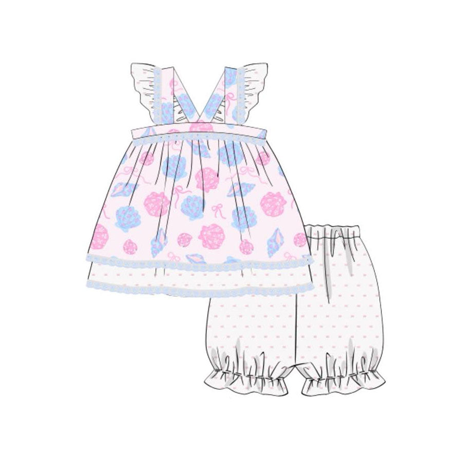( Moq 5 ) Preorder Baby Girls Short Sleeves Shell Bows Tunic Shorts Summer Clothes Set