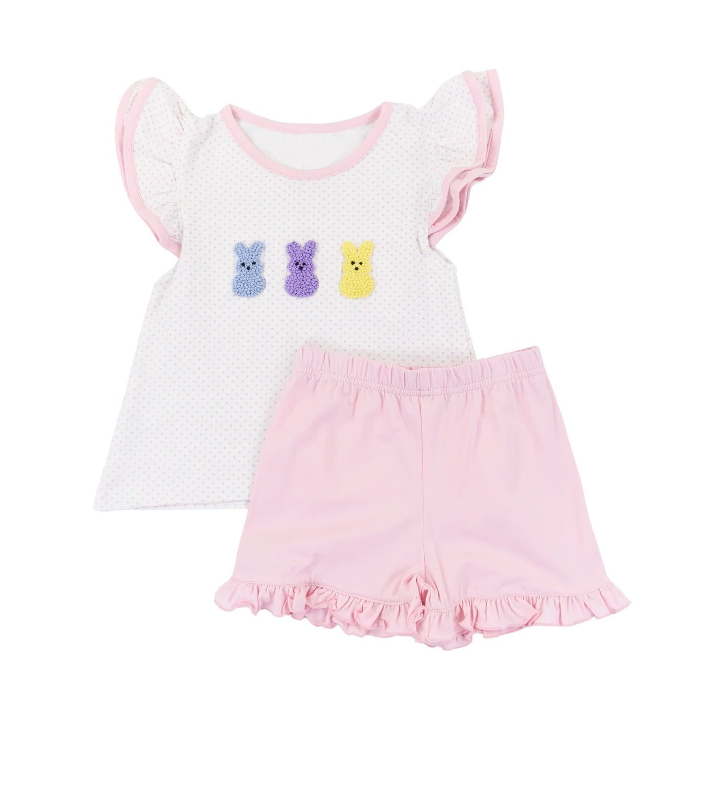 ( Moq 5 ) Preorder Baby Girls Short Sleeves Rabbits Tops Ruffle Pink Shorts Easter Clothes Set