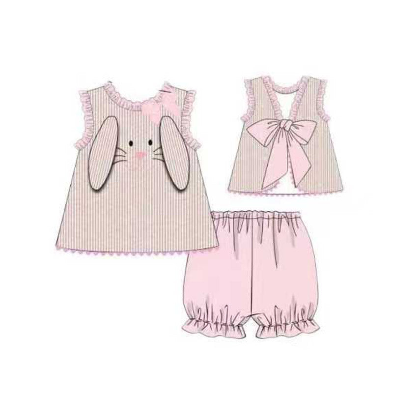 ( Moq 5 ) Preorder Baby Girls Rabbits Bows Stripes Tops Pink Shorts Easter Set