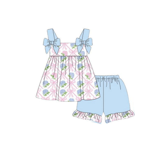 ( Moq 5 ) Preorder Baby Girls Straps Flower Bows Tunic Blue Ruffle Shorts Clothes Set