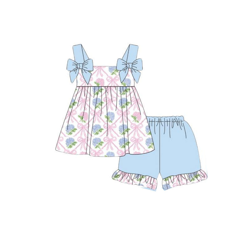 ( Moq 5 ) Preorder Baby Girls Straps Flower Bows Tunic Blue Ruffle Shorts Clothes Set