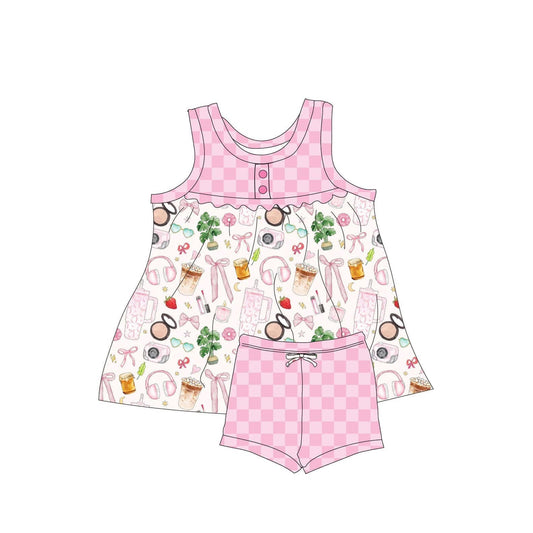 ( Moq 5 ) Preorder Baby Girls Sleeveless Bows Buttons Tunic Pink Checked Shorts Clothes Set