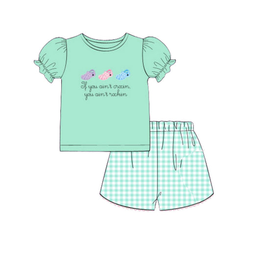 ( Moq 5 ) Preorder Baby Girls Short Sleeves Shoes Shirt Plaid Shorts Green Clothes Set