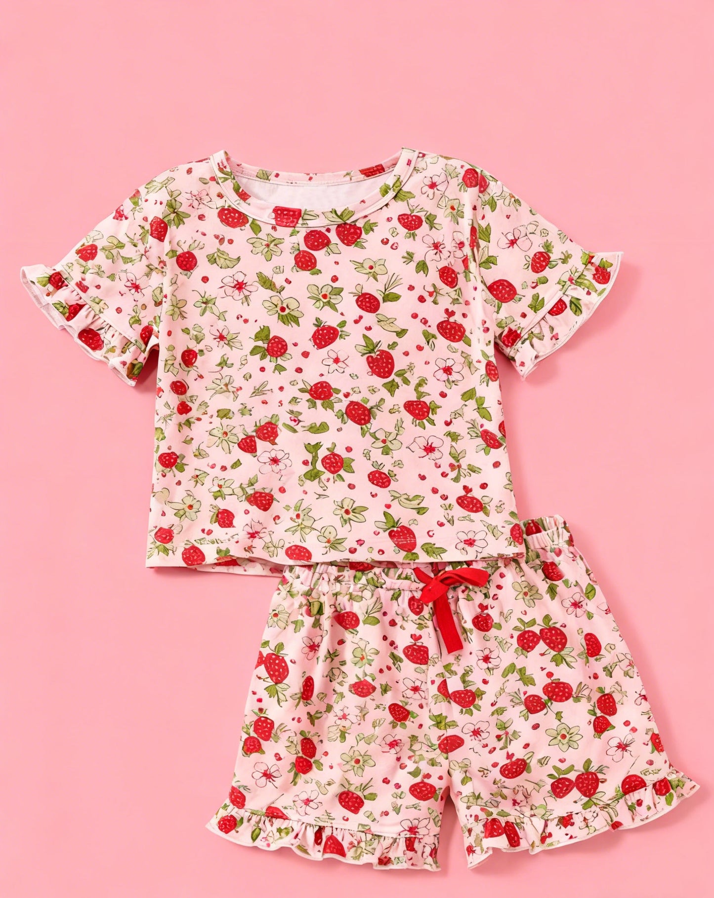 ( Moq 5 ) Preorder Baby Girls Short Sleeves Strawberry Flower Shirt Ruffle Shorts Clothes Set