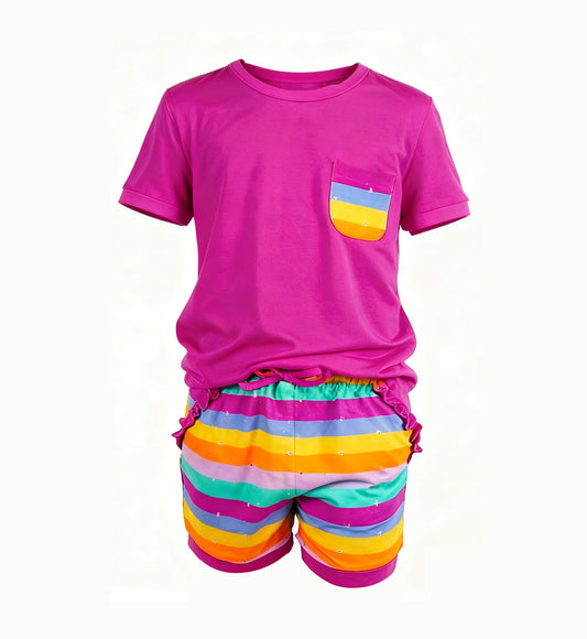 ( Moq 5 ) Preorder Baby Girls Short Sleeves Pink Shirt Colorful Stripes Pockets Shorts Clothes Set