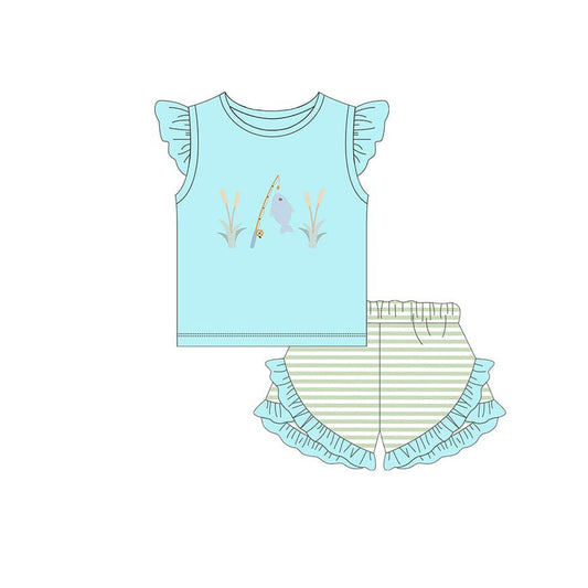 ( Moq 5 ) Preorder Baby Girl Kids Short Sleeves Fishing Shirt Stripes Shorts Clothes Set