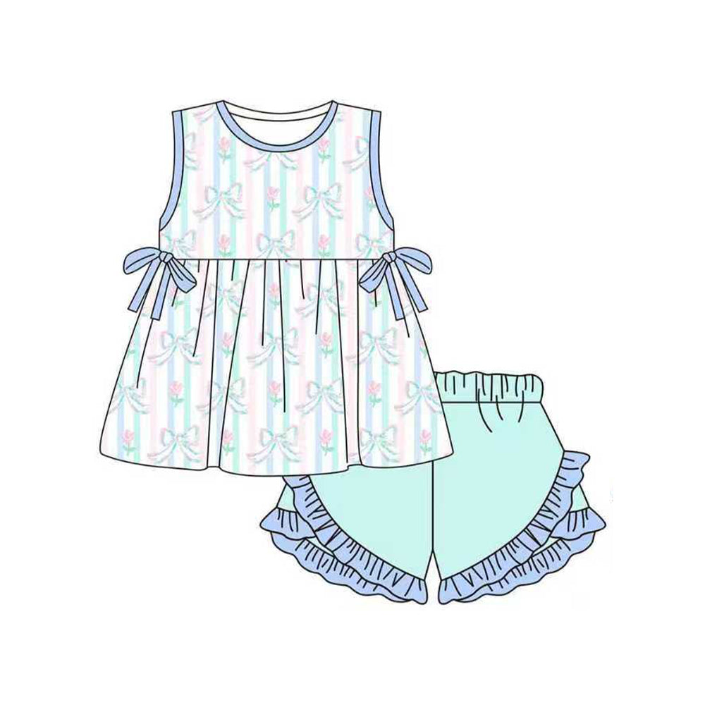 ( Moq 5 ) Preorder Baby Girls Flowers Bows Stripes Tunic Ruffle Shorts Clothes Set