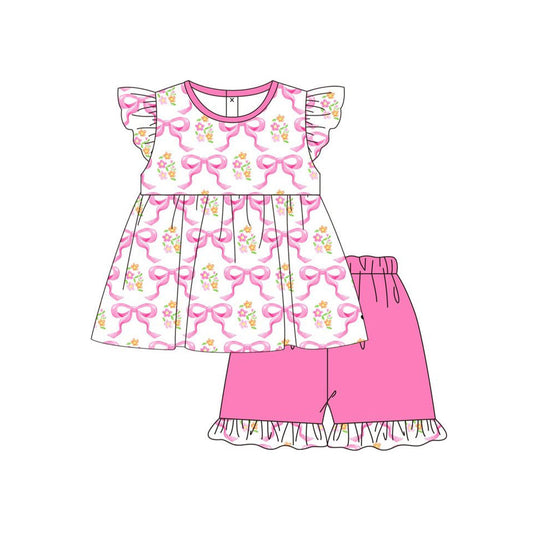 ( Moq 5 ) Preorder Baby Girls Short Sleeves Bows Floral Tunic Pink Ruffle Shorts Set