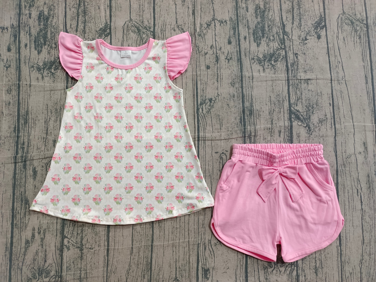Baby Girls Kids Short Sleeves Flowers Bows Tops Pink Pockets Shorts Set RTS