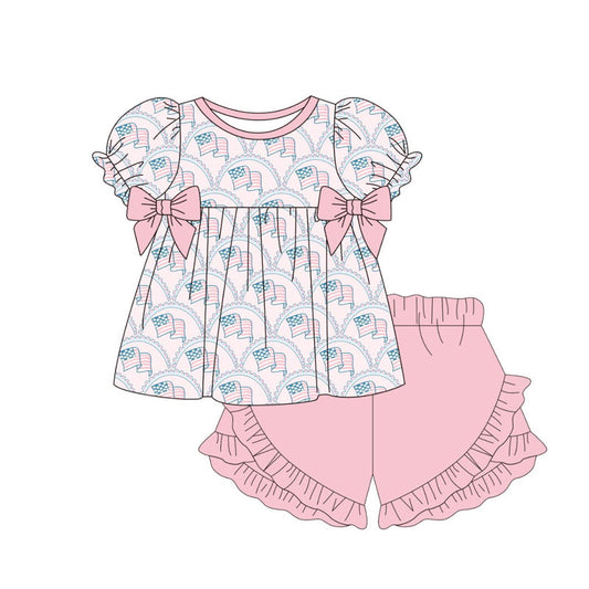 ( Moq 5 ) Preorder Baby Girls Short Sleeves Bows Flags Tunic Pink Shorts 4th of July Clothes Set