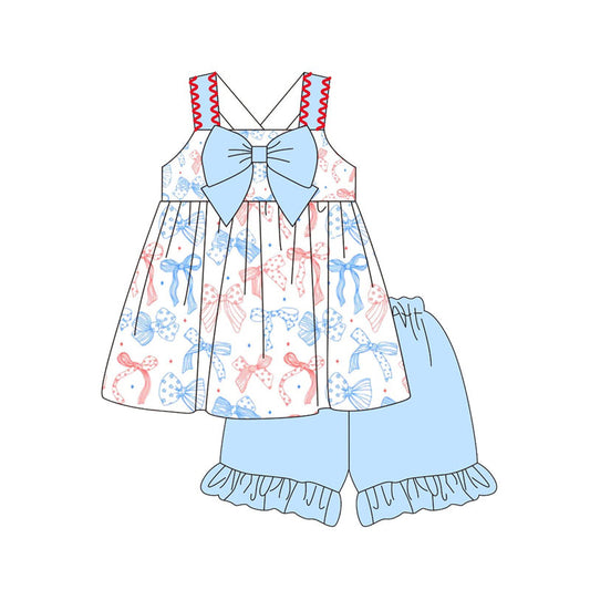 ( Moq 5 ) Preorder Baby Girls Straps Bows Stars Tunic Blue Shorts 4th of July Clothes Set