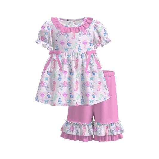 ( Moq 5 ) Preorder Baby Girls Short Sleeves Sea Animals Bows Tunic Pink Ruffle Shorts Set