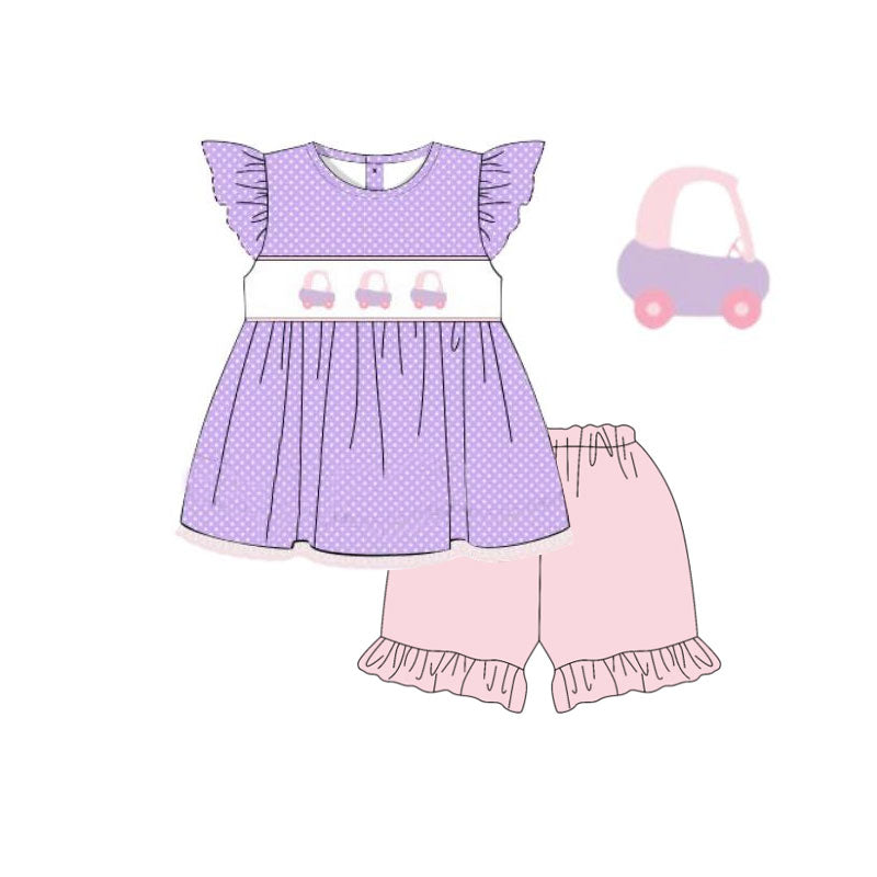( Moq 5 ) Preorder Baby Girls Short Sleeves Golf Trucks Dots Tunic Pink Ruffle Shorts Clothes Set