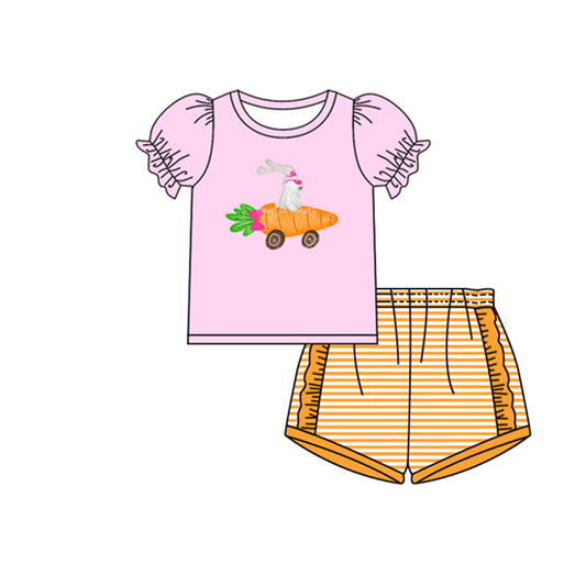 ( Moq 5 ) Preorder Baby Girls Rabbit Carrot Buttons Pink Shirt Stripes Ruffle Shorts Easter Set