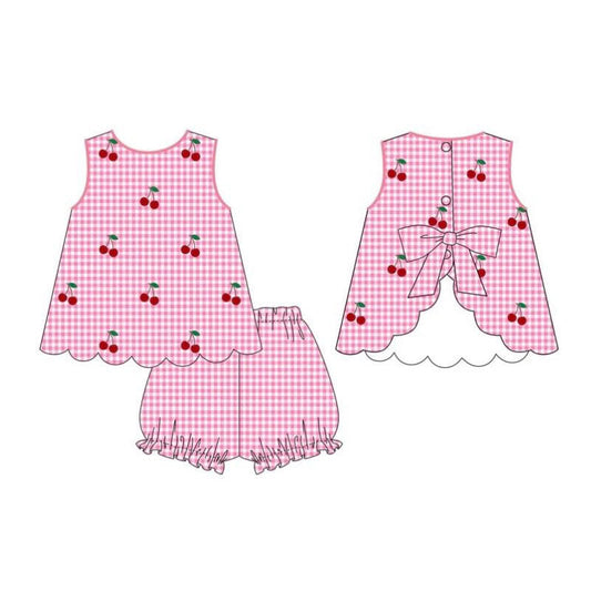 ( Moq 5 ) Preorder Baby Girls Sleeveless Cherry Tops Pink Plaid Shorts Clothes Set