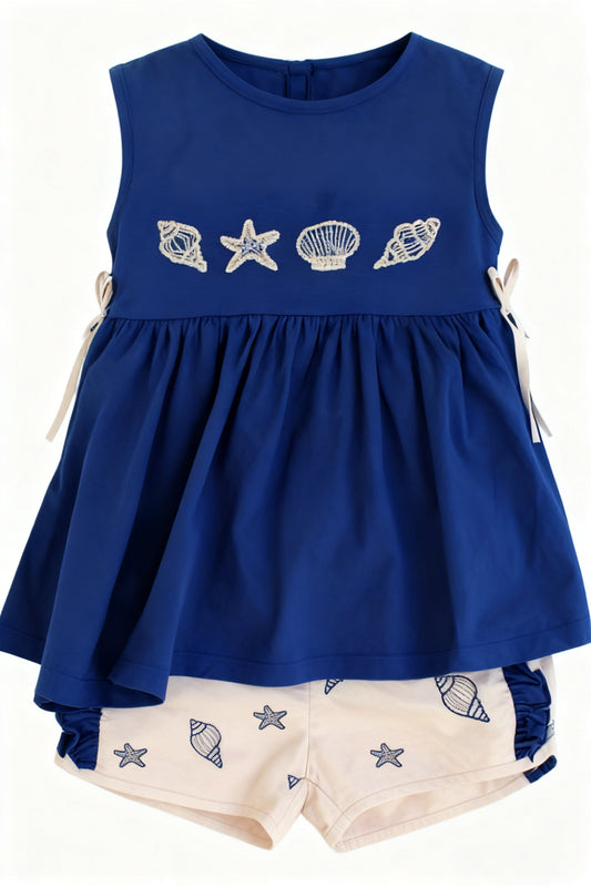 ( Moq 5 ) Preorder Baby Girls Navy Sleeveless Shell Bows Tunic Ruffle Shorts Clothes Set