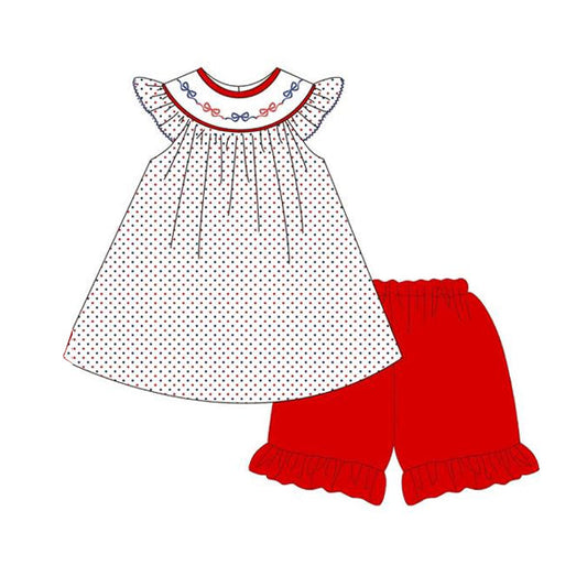 ( Moq 5 ) Preorder Baby Girls Short Sleeves Red Blue Bows Dots Tops Red Shorts 4th of July Set