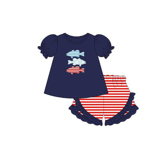 ( Moq 5 ) Preorder Baby Girls Short Sleeves Fish Navy Tops Stripes Ruffle Shorts Easter Set