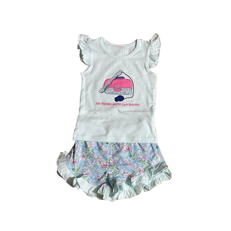 ( Moq 5 ) Preorder Baby Girls Short Sleeves Fishing Tops Flower Ruffle Shorts Clothes Set