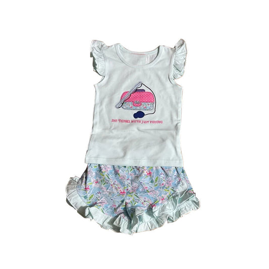 ( Moq 5 ) Preorder Baby Girls Short Sleeves Fishing Tops Flower Ruffle Shorts Clothes Set