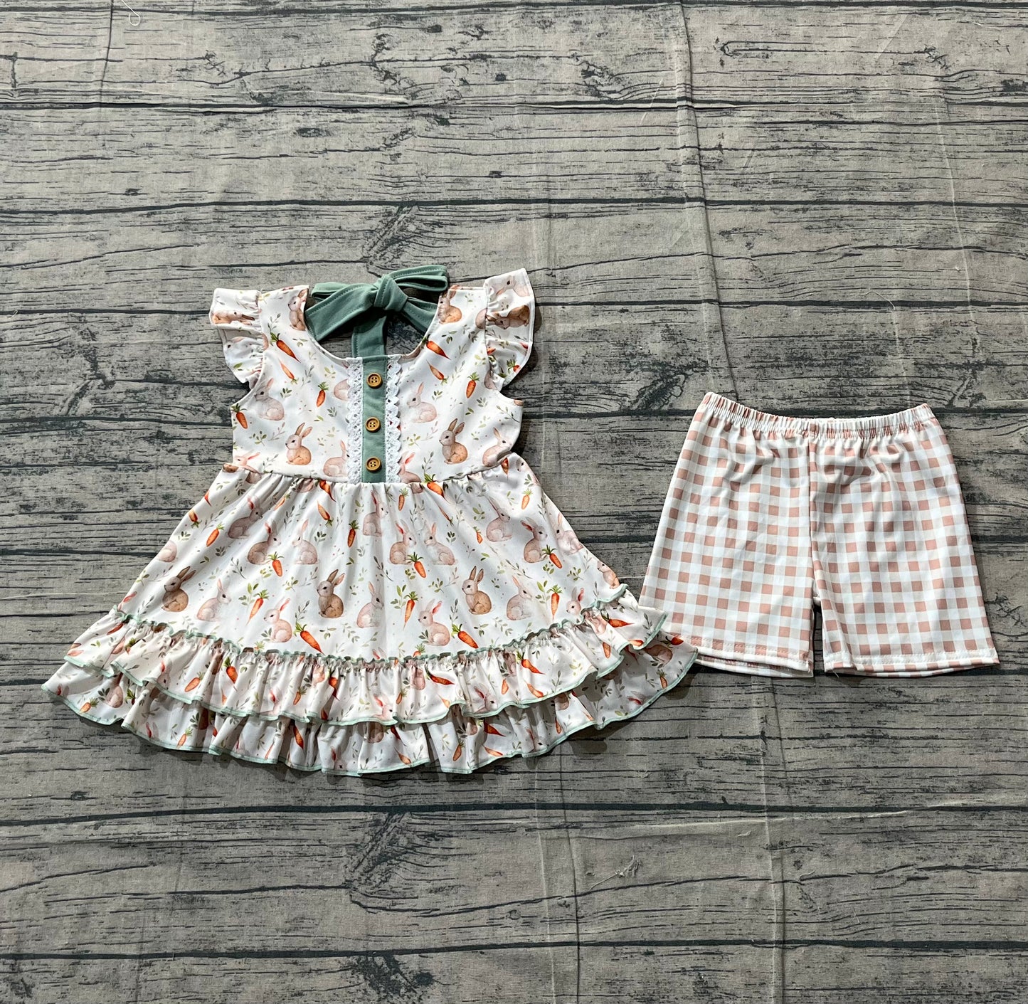 Baby Girls Kids Carrots Rabbits Buttons Tunic Plaid Shorts Easter Clothes Set RTS