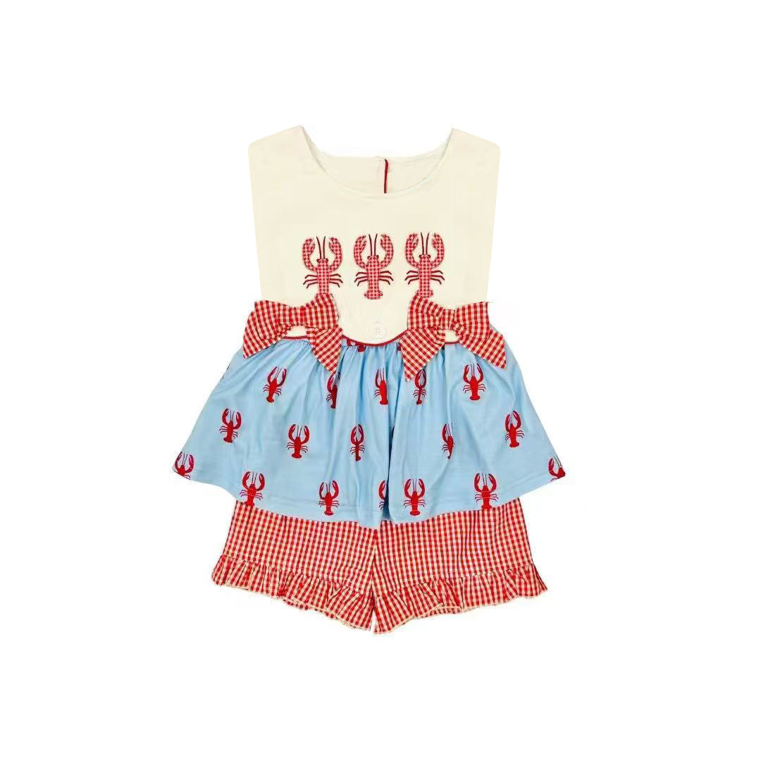 ( Moq 5 ) Preorder Baby Girls Sleeveless Crayfish Bows Tunic Red Plaid Shorts Clothes Set