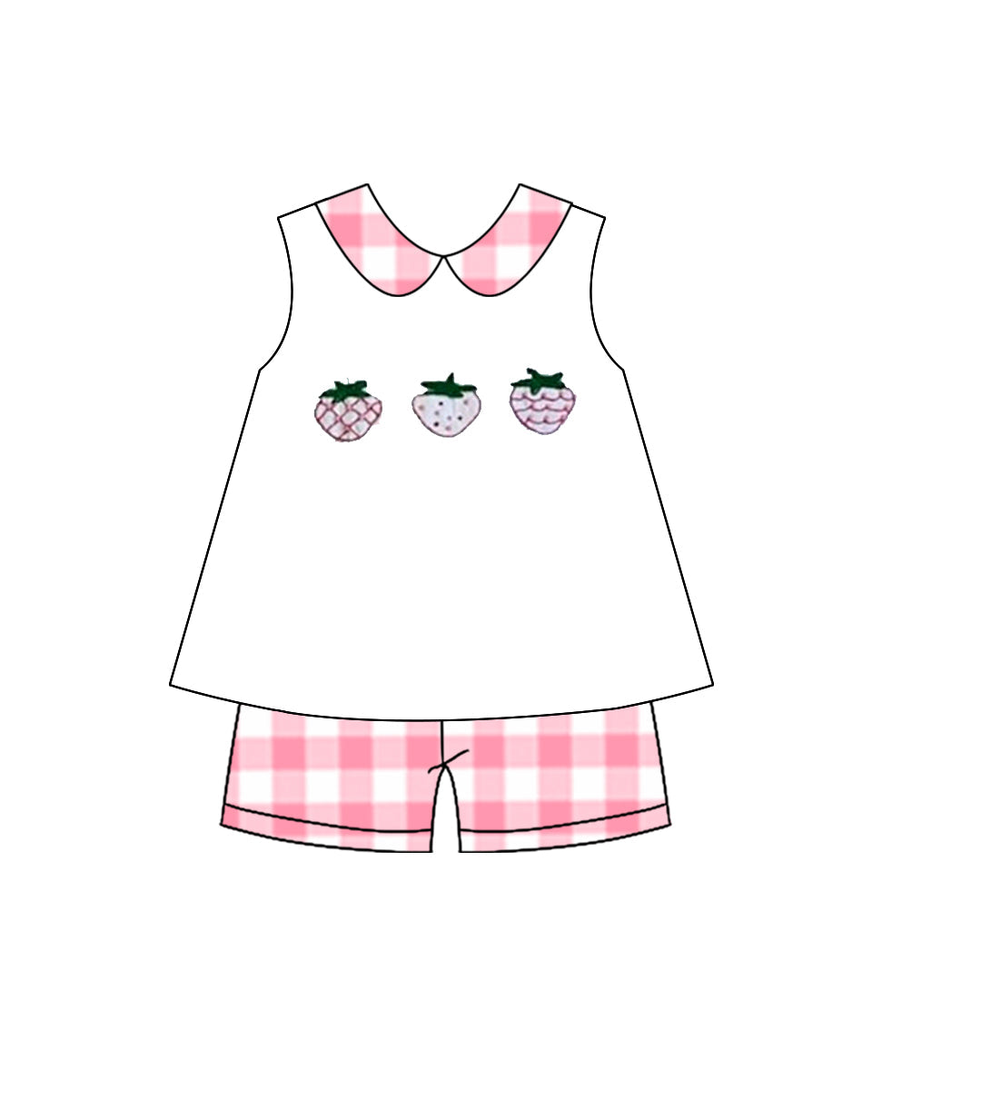 ( Moq 5 ) Preorder Baby Girls Sleeveless Strawberry Tops Plaid Shorts Clothes Set