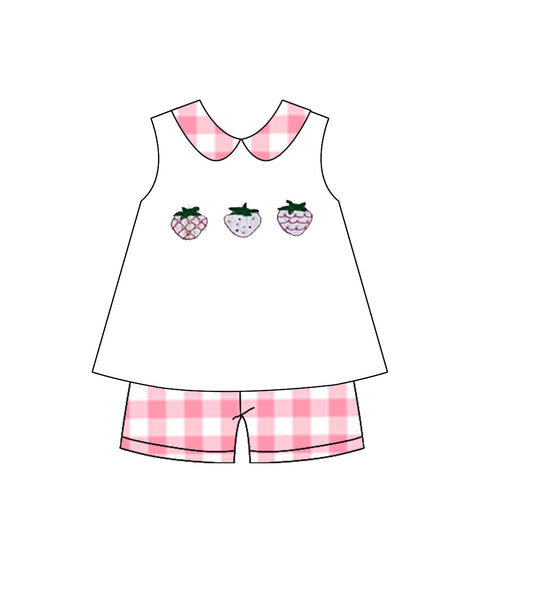 ( Moq 5 ) Preorder Baby Girls Sleeveless Strawberry Tops Plaid Shorts Clothes Set