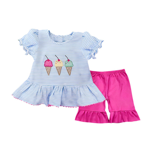 ( Moq 5 ) Preorder Baby Girls Short Sleeves Popsicles Stripes Tunic Pink Ruffle Shorts Summer Set