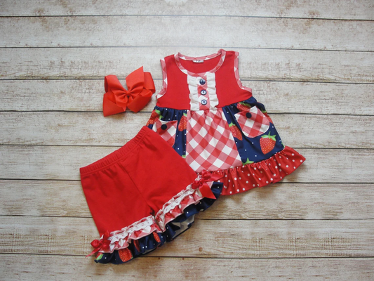 ( Moq 5 ) Preorder Baby Girls Strawberry Plaid Pockets Buttons Tunic Red Shorts Clothes Set