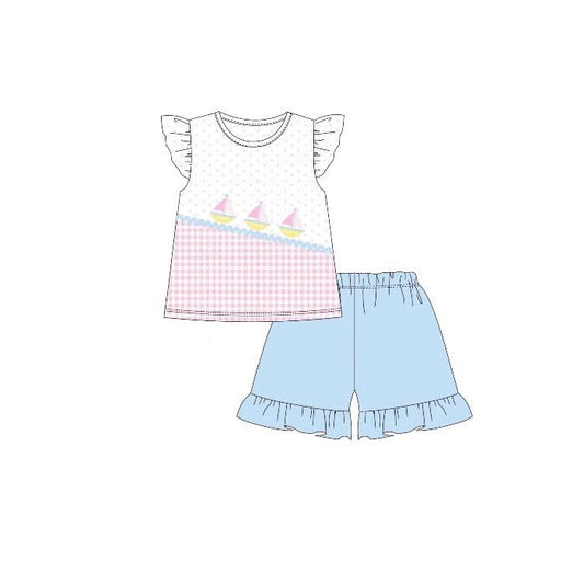 ( Moq 5 ) Preorder Baby Girls Short Sleeves Boats Dots Shirt Ruffle Shorts Clothes Set