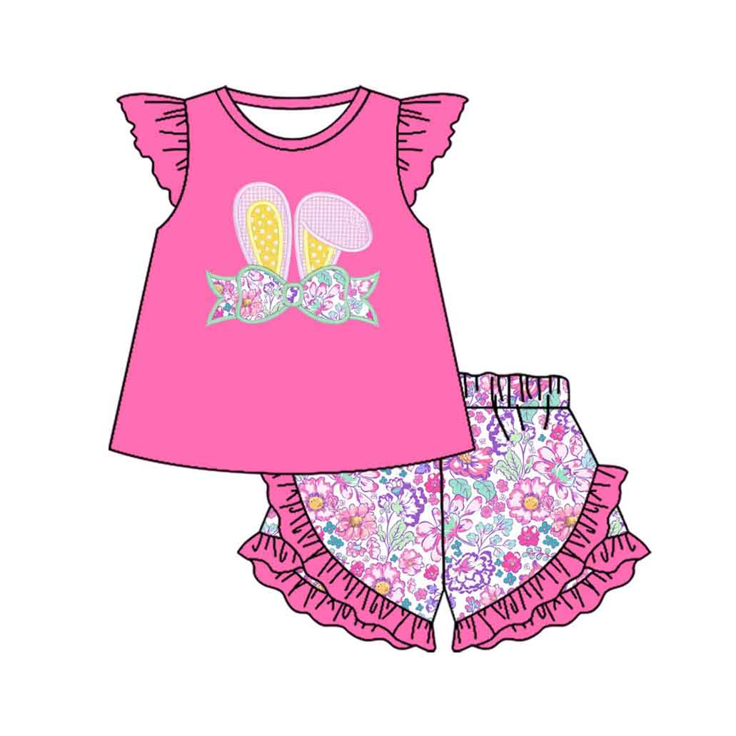 ( Moq 5 ) Preorder Baby Girls Short Sleeves Rabbit Tunic Ruffle Flower Shorts Easter Clothes Set