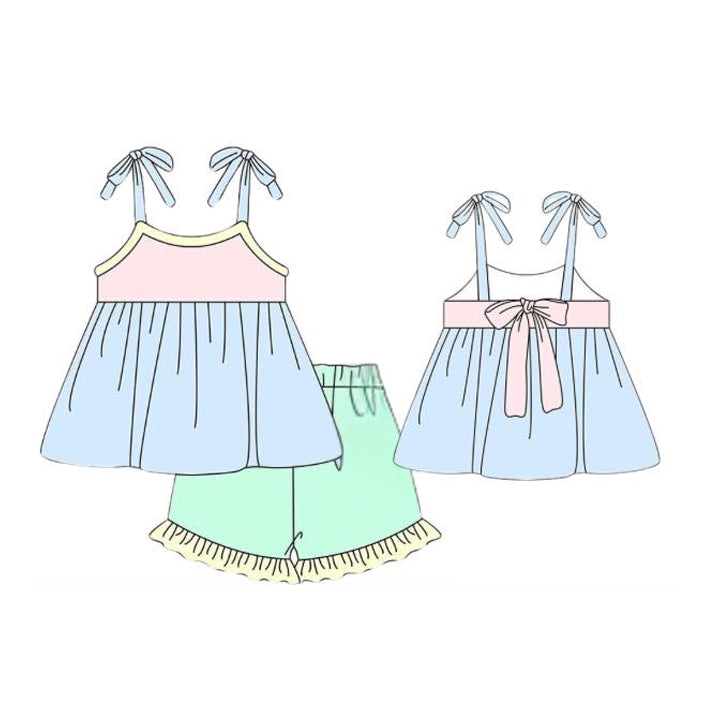( Moq 5 ) Preorder Baby Girls Sleeveless Colorful Tops Ruffle Shorts Clothes Set