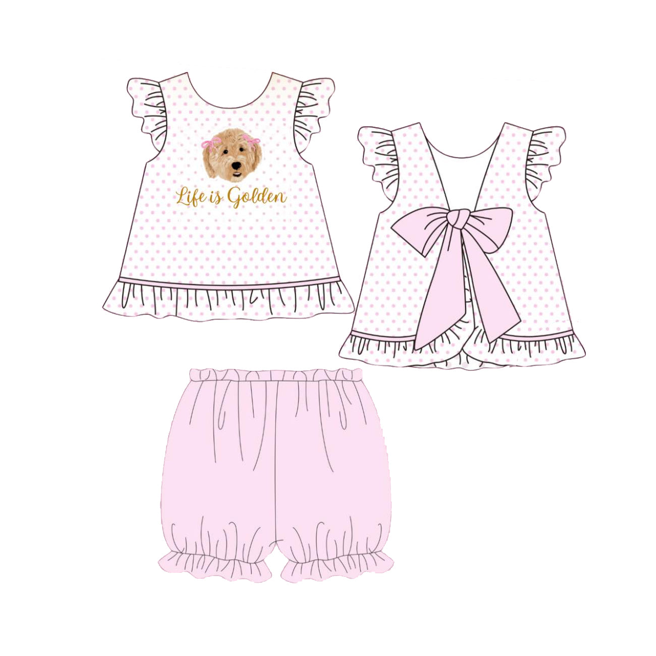 ( Moq 5 ) Preorder Baby Girls Short Sleeves Dogs Bows Tunic Pink Shorts Clothes Set