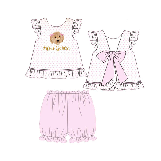( Moq 5 ) Preorder Baby Girls Short Sleeves Dogs Bows Tunic Pink Shorts Clothes Set