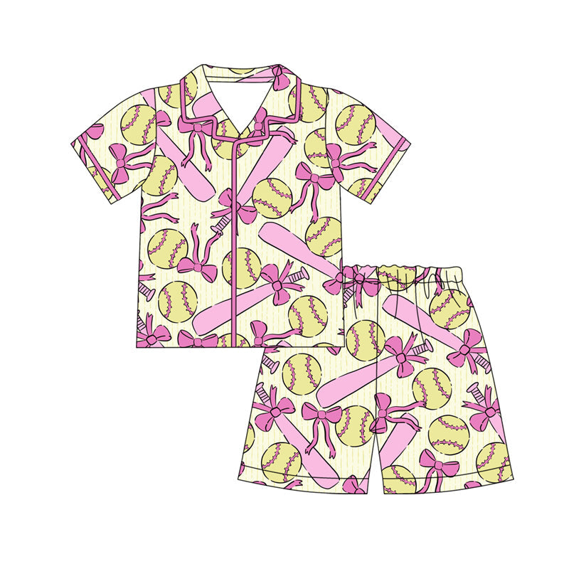 ( Moq 5 ) Preorder Baby Girls Short Sleeves Pink Bows Softball Buttons Shirt Shorts Pajamas Set