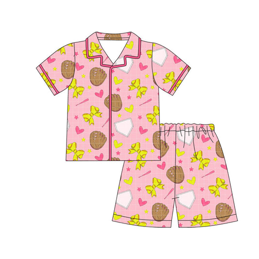 ( Moq 5 ) Preorder Baby Girls Short Sleeves Softball Bows Hearts Buttons Shirt Shorts Pajamas Set
