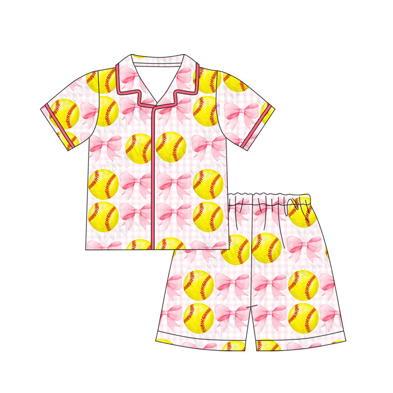 ( Moq 5 ) Preorder Baby Girls Short Sleeves Bows Softball Buttons Shirt Shorts Pajamas Set
