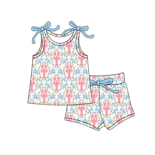 ( Moq 5 ) Preorder Baby Girls Kids Sleeveless Crawfish Bows Tops Shorts Clothes Set RTS