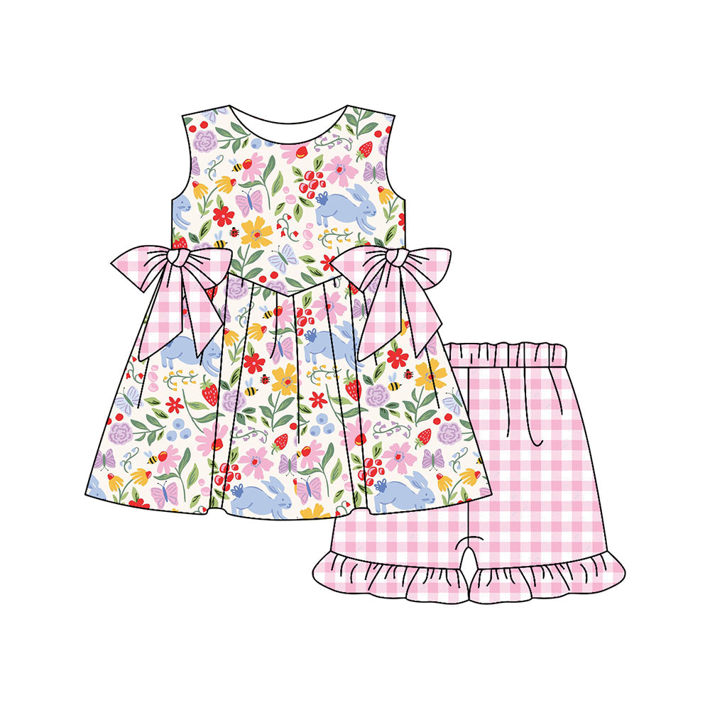 ( Moq 5 ) Preorder Baby Girls Kids Rabbits Flower Bows Tops Plaid Ruffle Shorts Easter Set